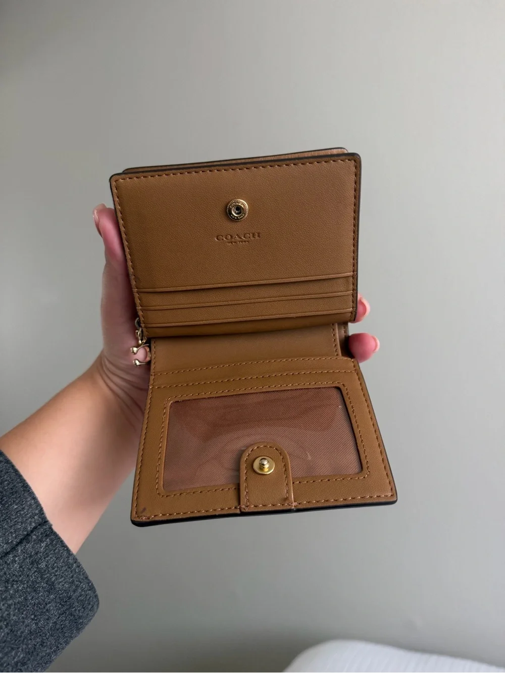 Coach Khaki Signature Canvas Card Holder with Gold Logo